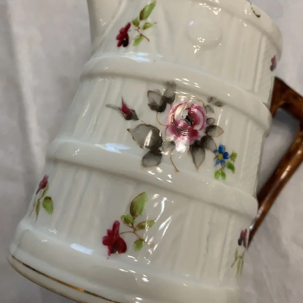 Bone China with faux bois handle with floral barrel creamer pitcher